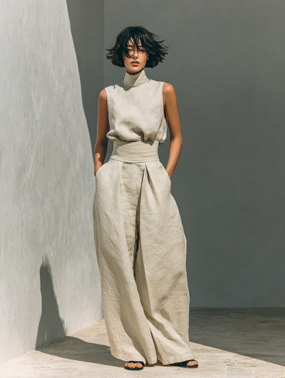 Conjunto Maria™ – Top de Cuello Alto y Pantalón Ancho de Algodón y Lino