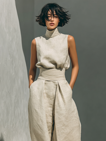 Conjunto Maria™ – Top de Cuello Alto y Pantalón Ancho de Algodón y Lino
