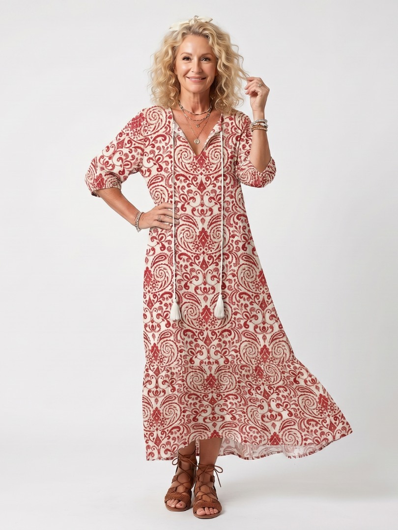 Noelle | Vestido Midi Anudado Estampado Ornamental