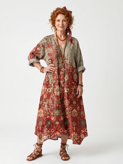 Saffron | Vestido Midi Informal Estampado Mixto con Bolsillos