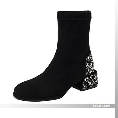 Botines Elegantes para Mujer con Tacón Grueso y Strass