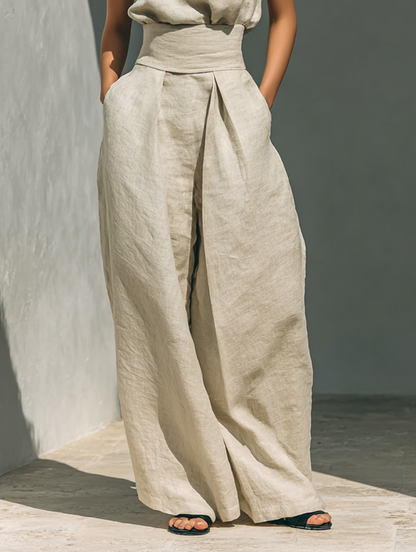 Conjunto Maria™ – Top de Cuello Alto y Pantalón Ancho de Algodón y Lino