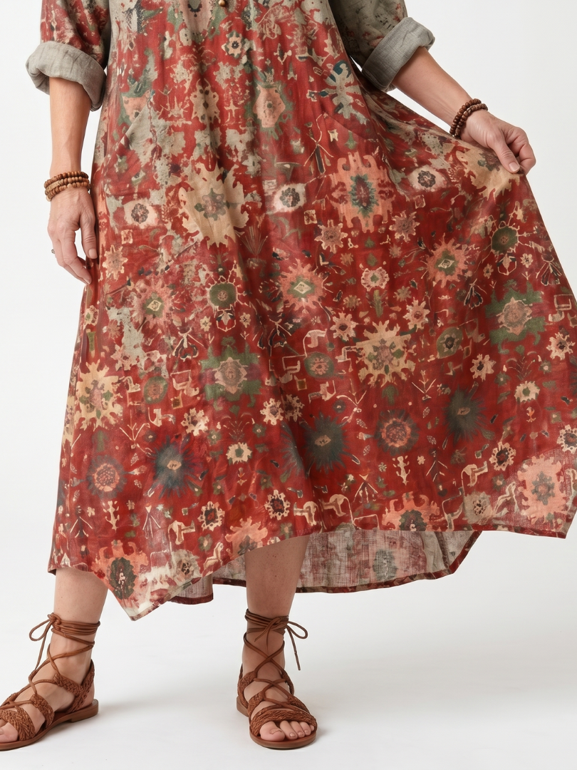 Saffron | Vestido Midi Informal Estampado Mixto con Bolsillos