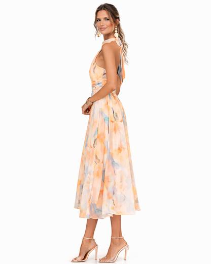Vestido Aurora™ – Escote Halter e Estampado Acuarela