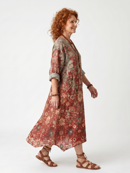Saffron | Vestido Midi Informal Estampado Mixto con Bolsillos
