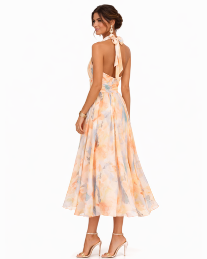 Vestido Aurora™ – Escote Halter e Estampado Acuarela