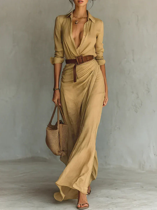 Vestido Camille™ – Maxi con Solapas y Cinturón en la Cintura