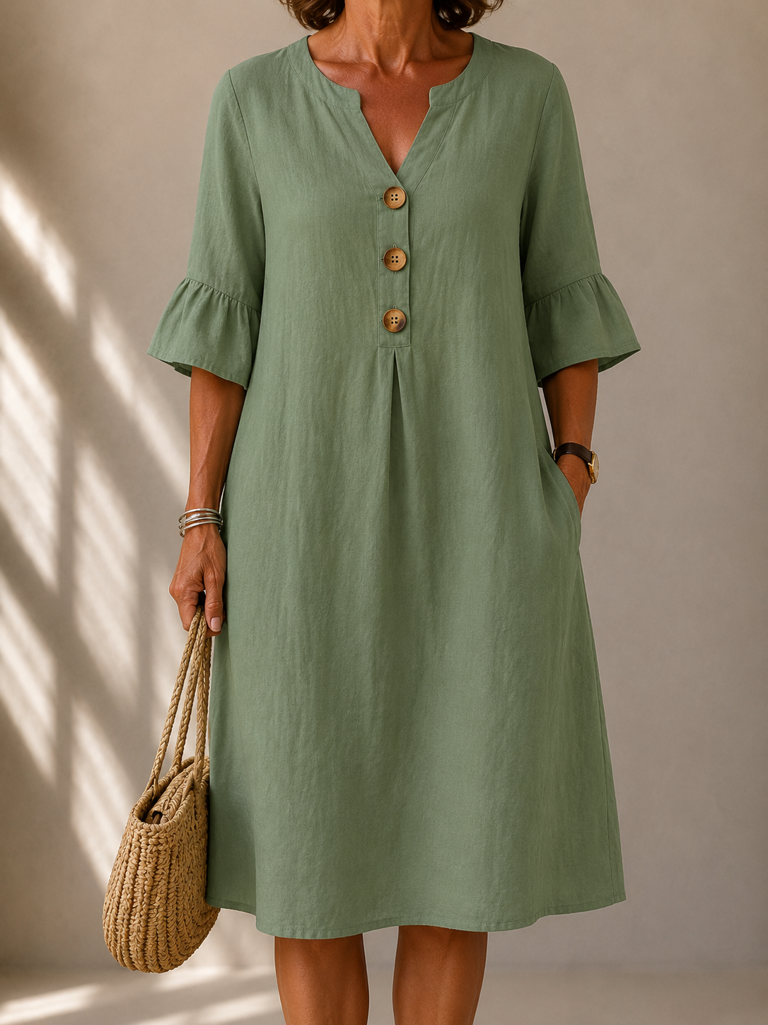 | Robe Botonnée Manches Évasées Véronique