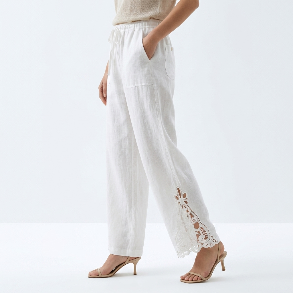 Perrine™ — Pantalón Ancho Cropped Bajo de Encaje