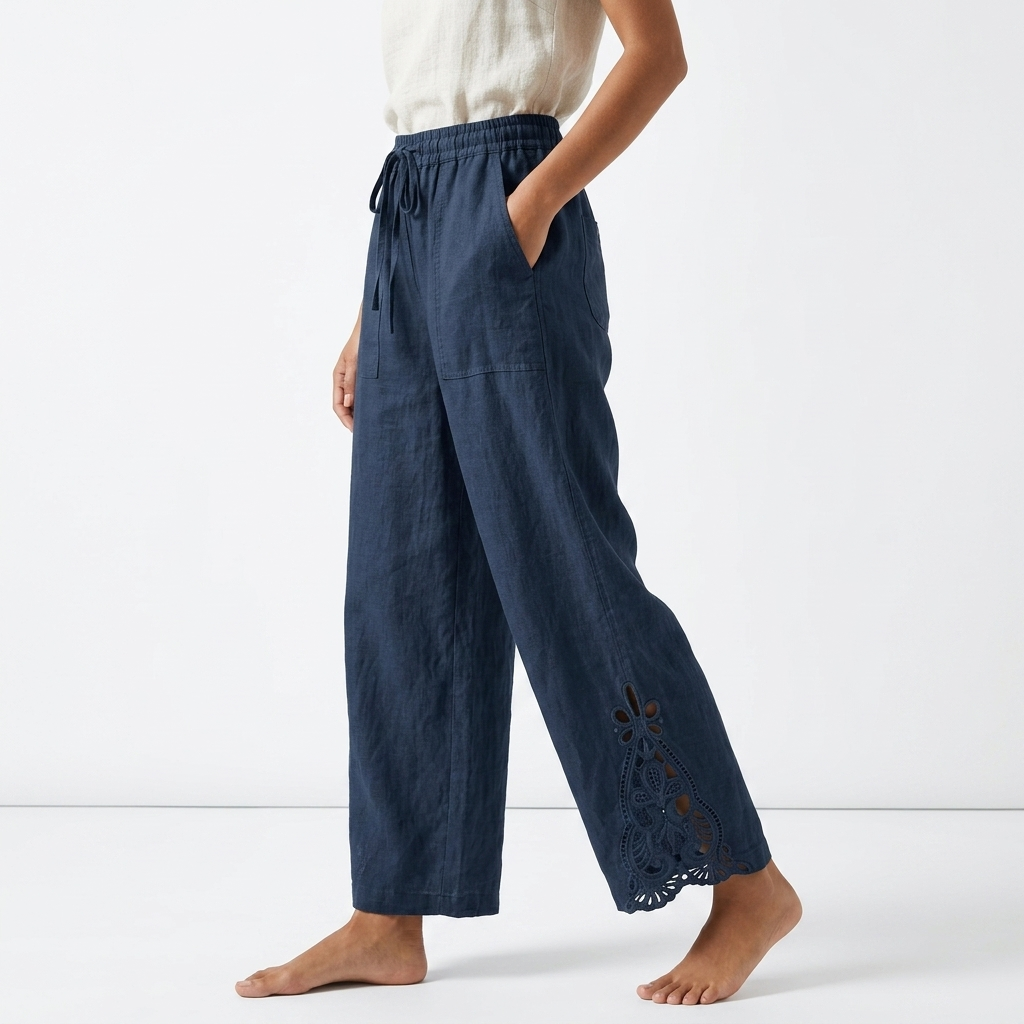 Perrine™ — Pantalón Ancho Cropped Bajo de Encaje