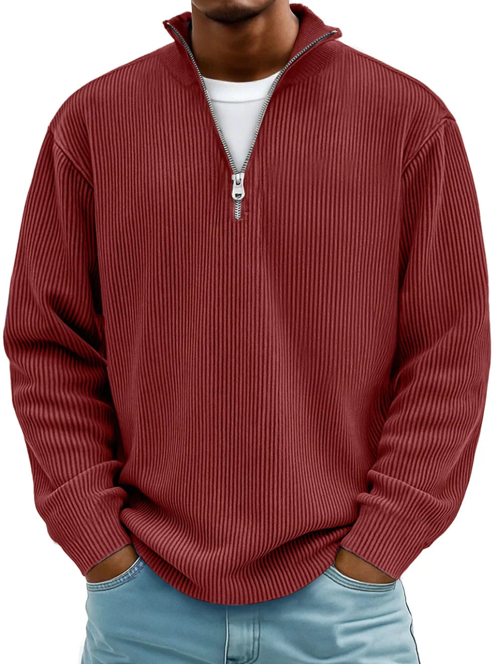 | PULL CLASSIQUE EN MAILLE CÔTELÉE DEMI-ZIP POUR HOMME