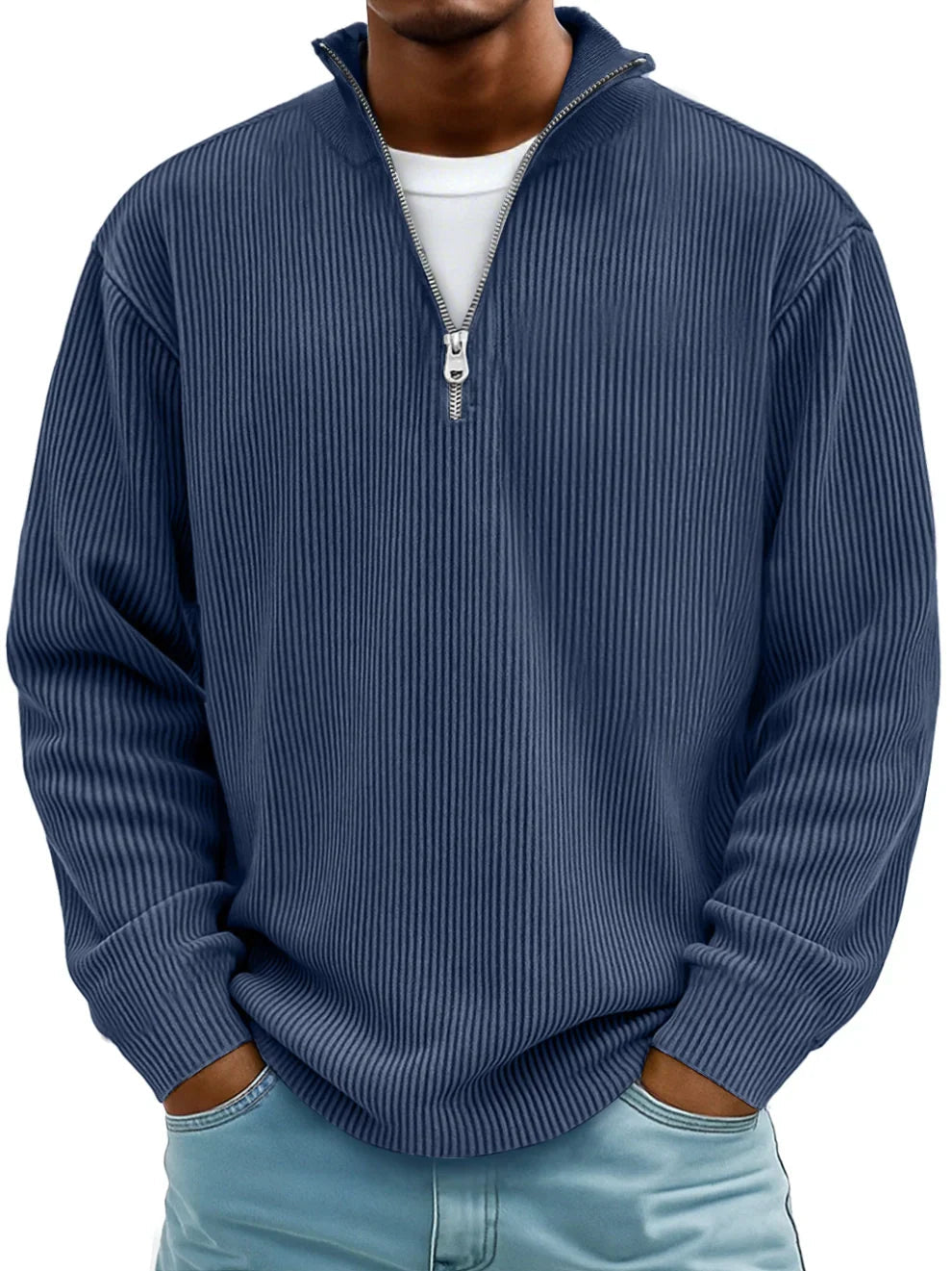 | PULL CLASSIQUE EN MAILLE CÔTELÉE DEMI-ZIP POUR HOMME
