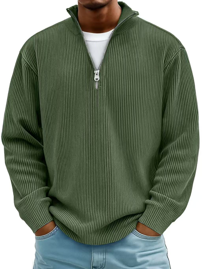 | PULL CLASSIQUE EN MAILLE CÔTELÉE DEMI-ZIP POUR HOMME