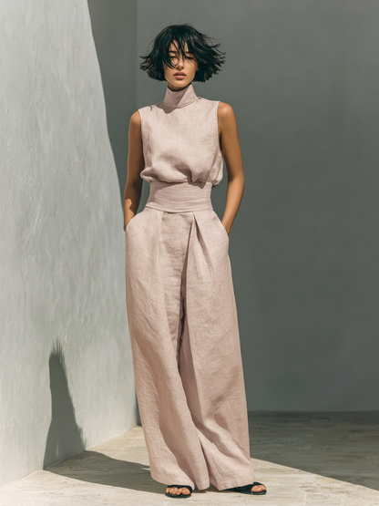 Conjunto Maria™ – Top de Cuello Alto y Pantalón Ancho de Algodón y Lino