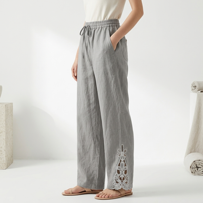Perrine™ — Pantalón Ancho Cropped Bajo de Encaje