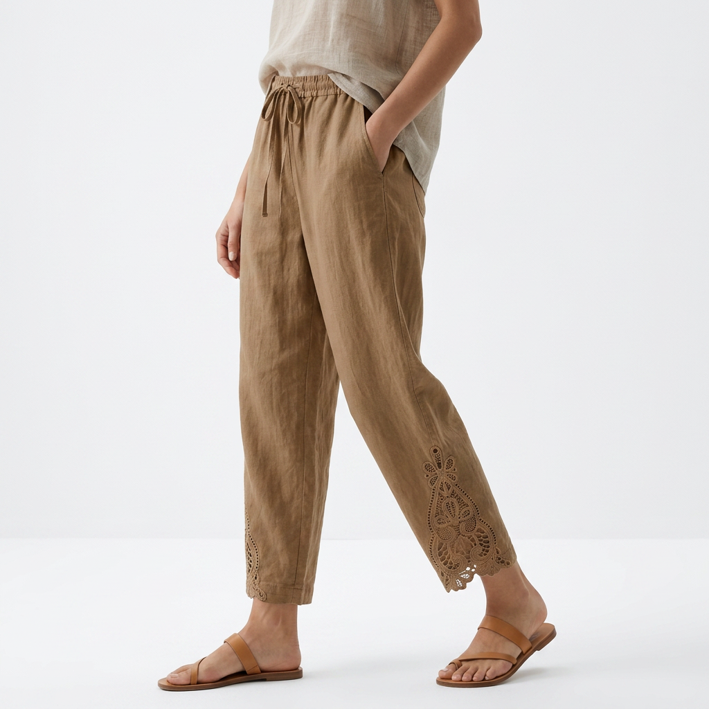 Perrine™ — Pantalón Ancho Cropped Bajo de Encaje