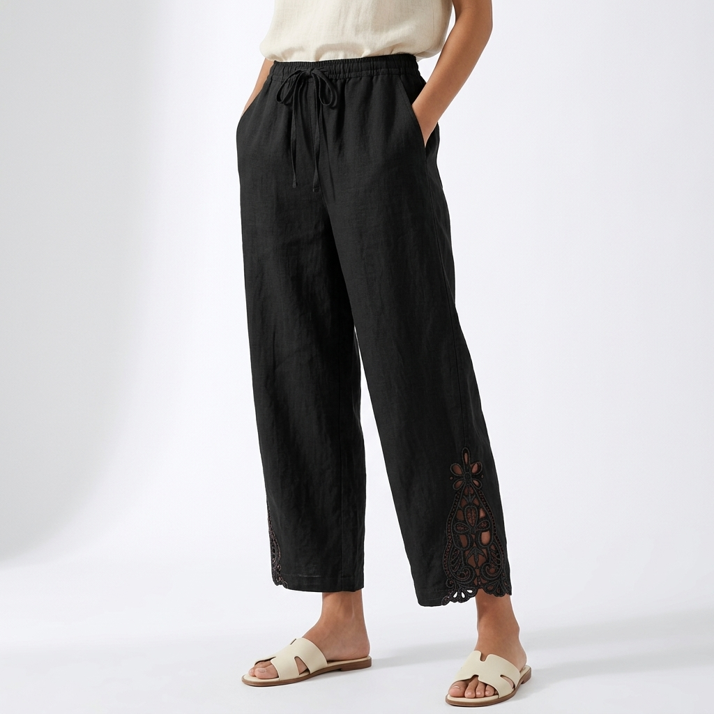 Perrine™ — Pantalón Ancho Cropped Bajo de Encaje