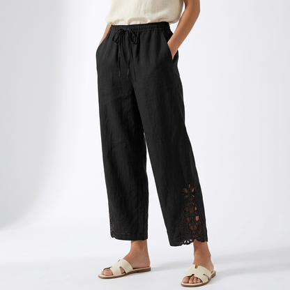 Perrine™ — Pantalón Ancho Cropped Bajo de Encaje
