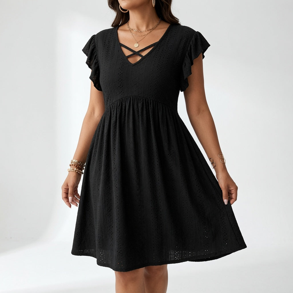 Lissette™ — Vestido Corto Cuello V Cruzado Mangas Volantes