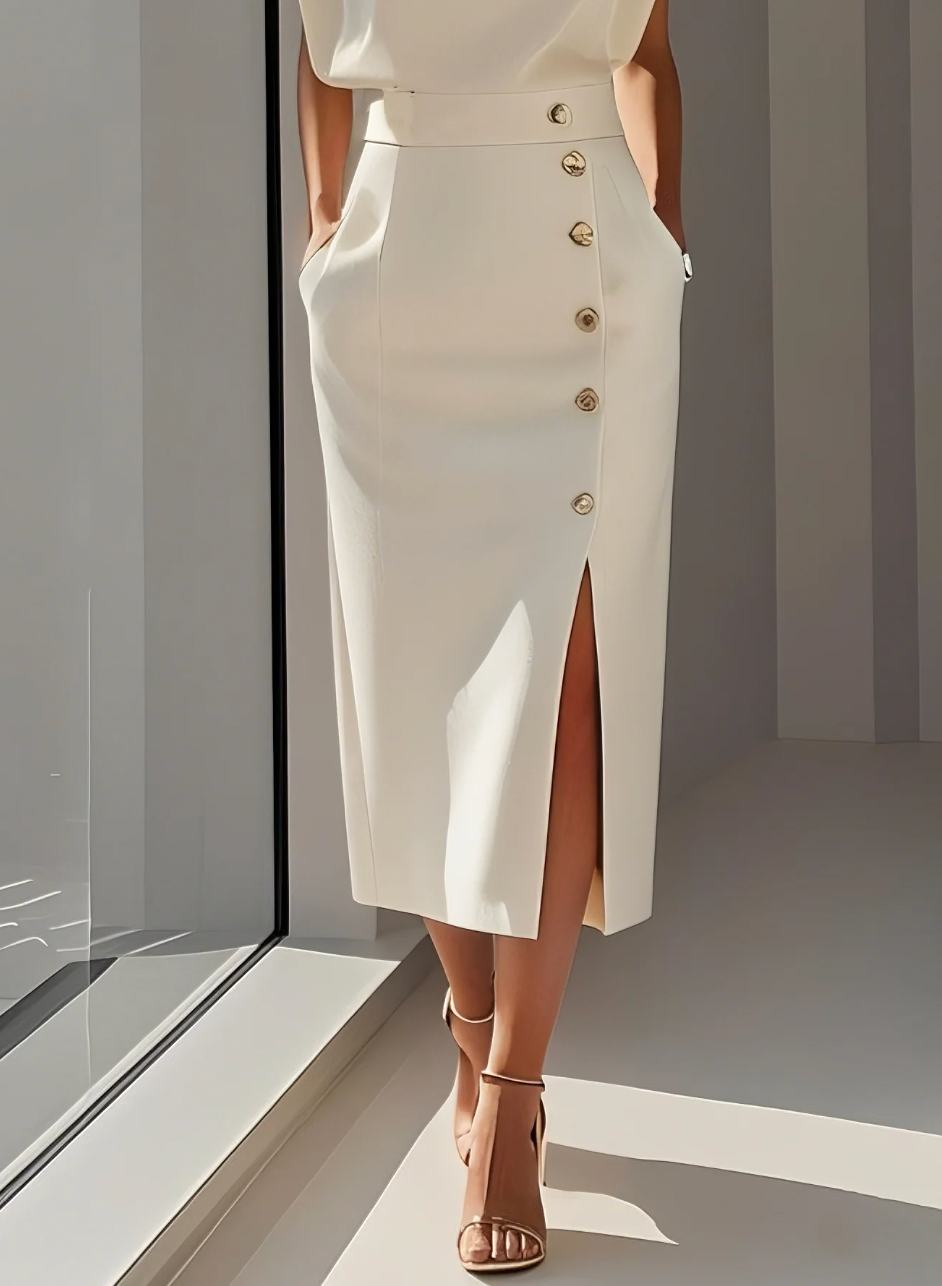 Vestido midi ajustado con botones dorados