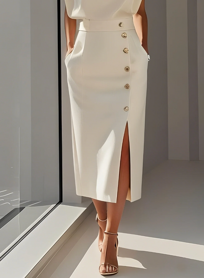 Vestido midi ajustado con botones dorados