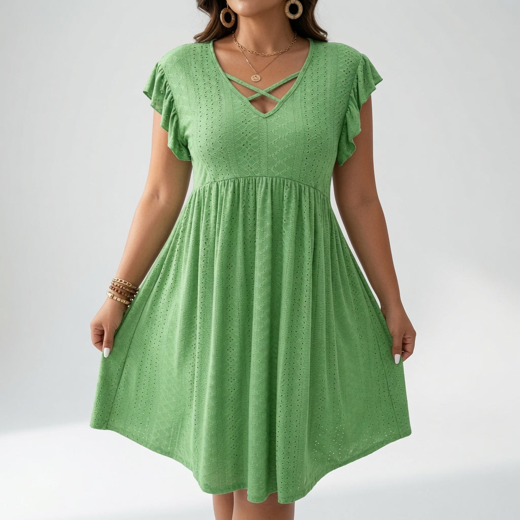 Lissette™ — Vestido Corto Cuello V Cruzado Mangas Volantes
