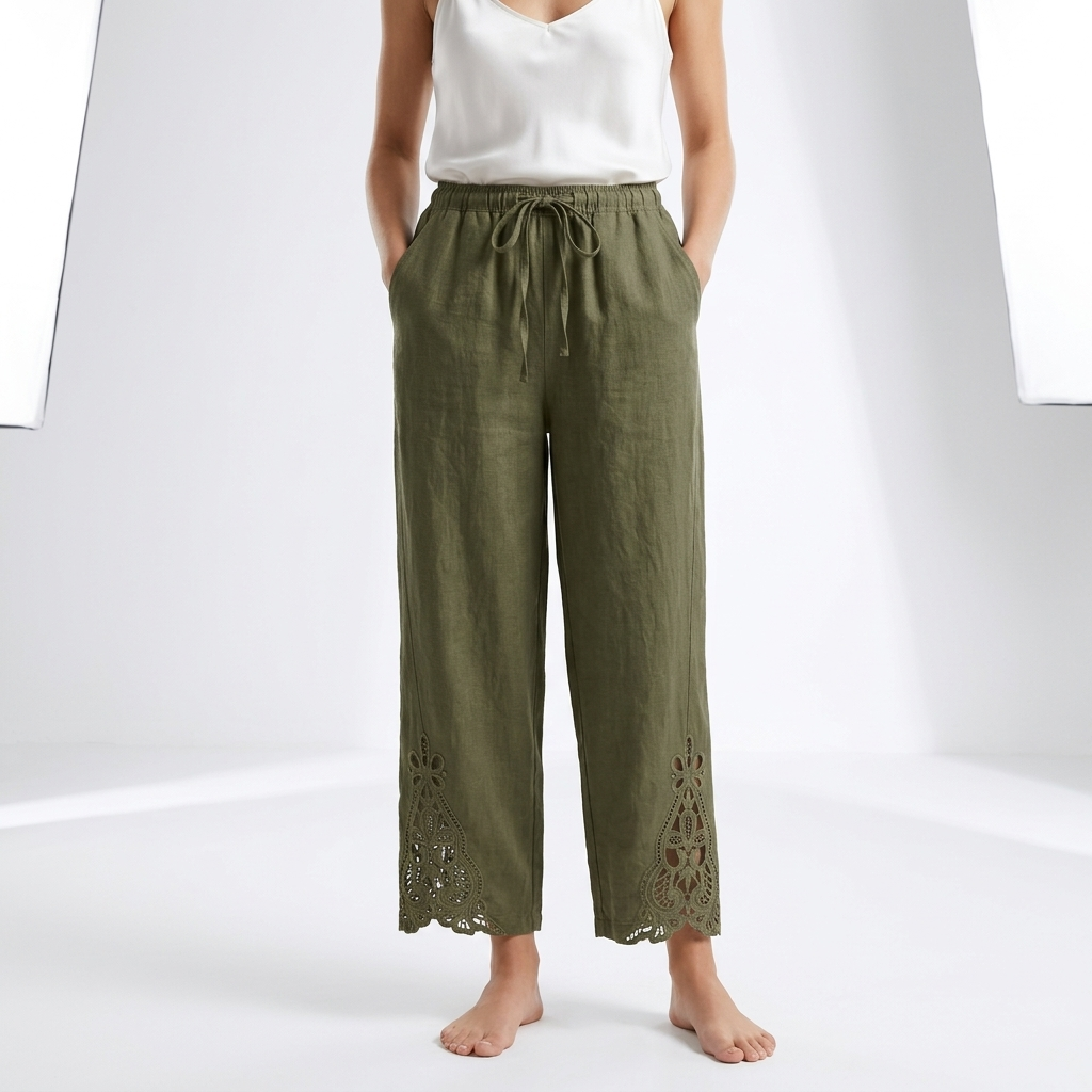 Perrine™ — Pantalón Ancho Cropped Bajo de Encaje