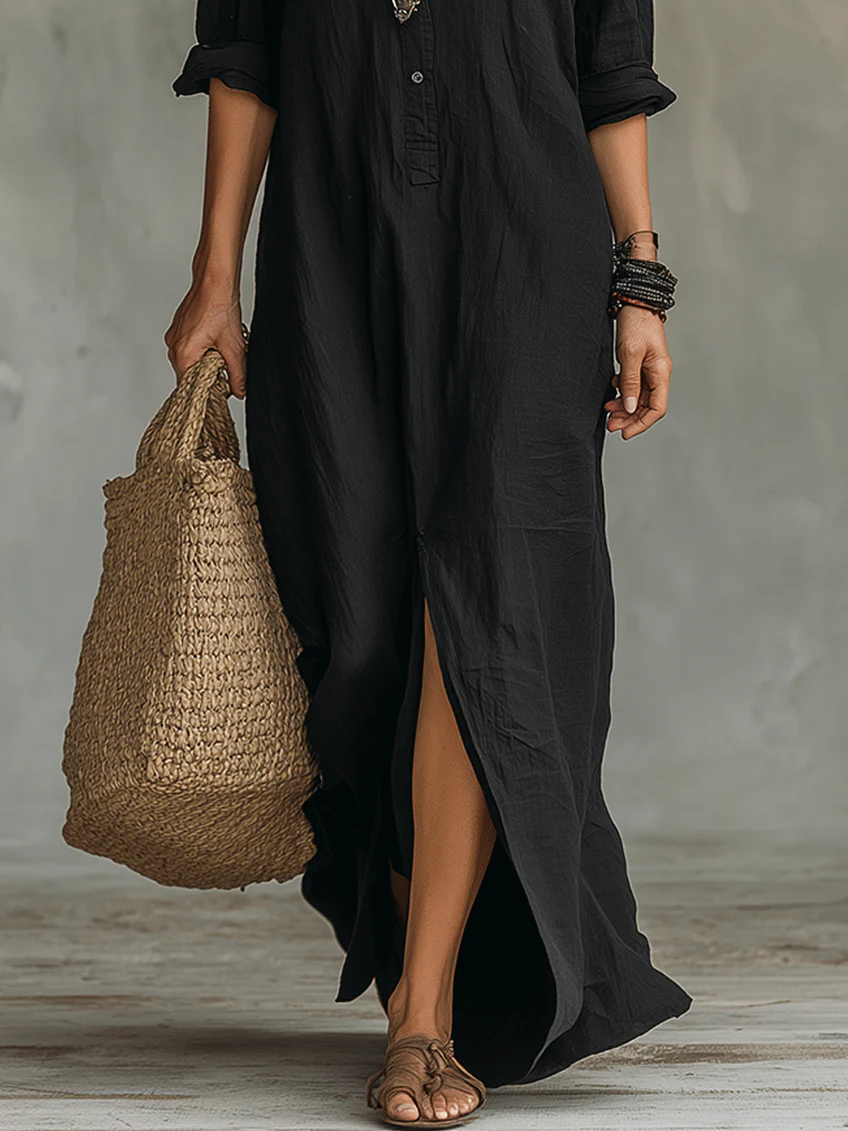 Vestido Veronica™ – Maxi Largo Negro con Botones