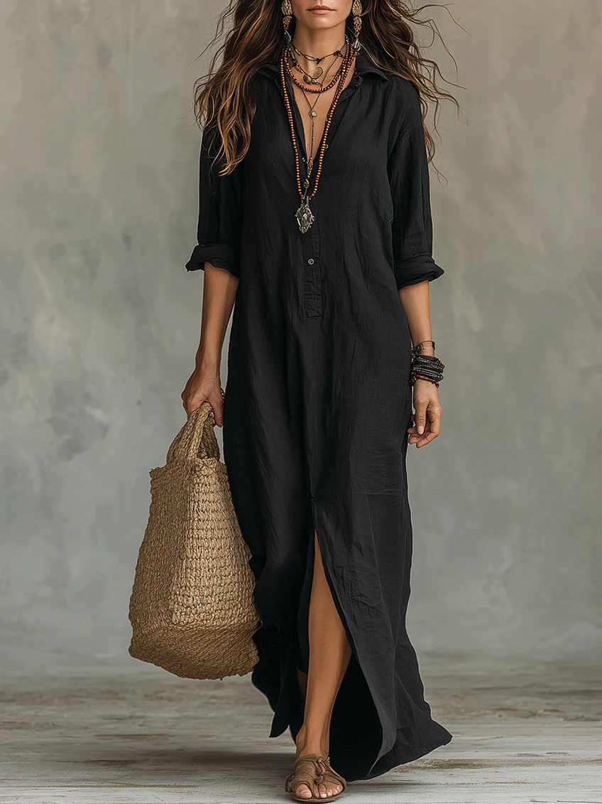 Vestido Veronica™ – Maxi Largo Negro con Botones