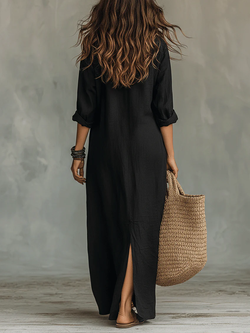 Vestido Veronica™ – Maxi Largo Negro con Botones
