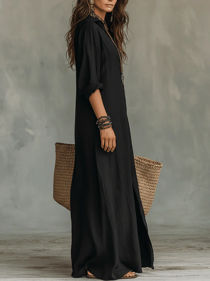 Vestido Veronica™ – Maxi Largo Negro con Botones