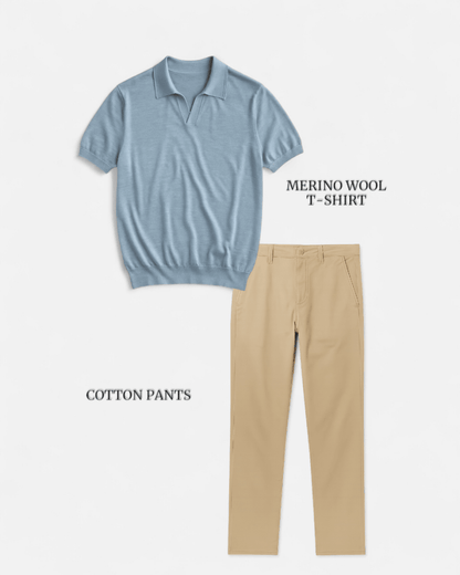 Conjunto de Camiseta Azul Bebé y Pantalones Beige