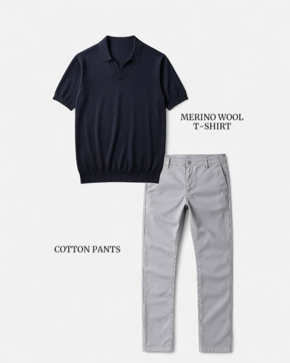 Conjunto de Camiseta Azul Marino y Pantalones Gris Claro