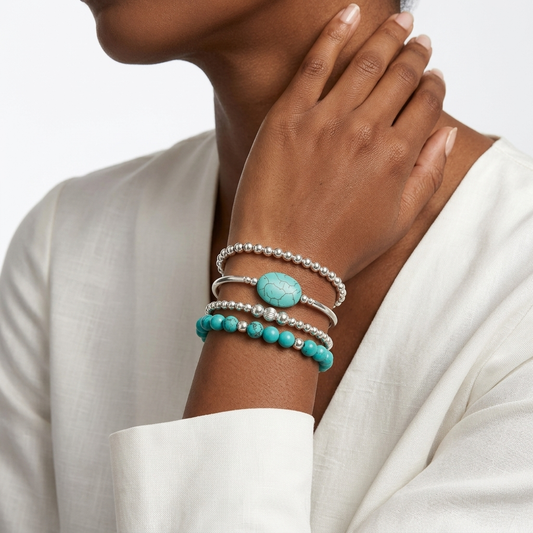 Turquéline™ — Set Pulseras Perlas Turquesa Plateado Boho