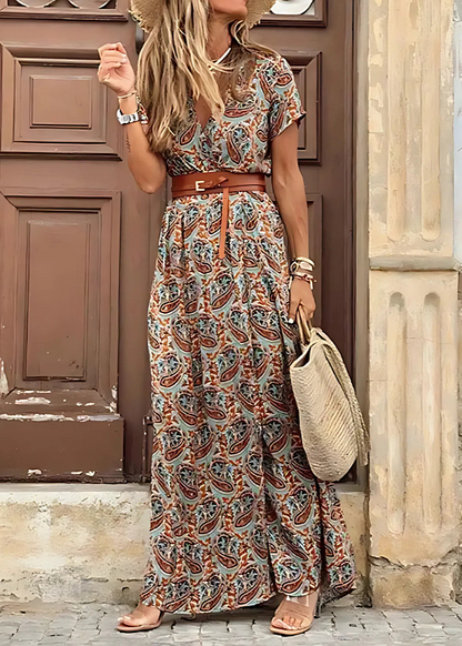 Vestido largo bohemio con cintura fruncida