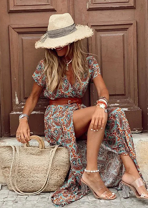 Vestido largo bohemio con cintura fruncida