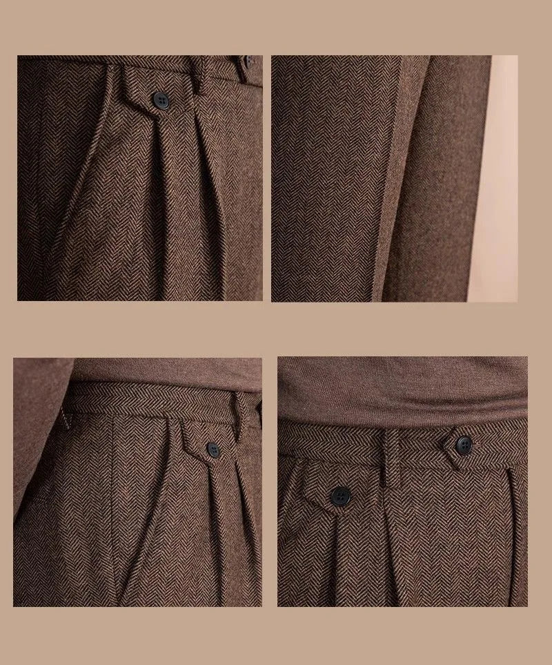 Pantalones Rectos de Lana en Espiga Estilo Italiano