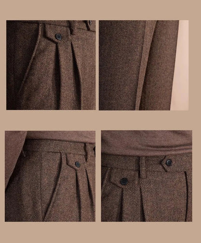 Pantalones Rectos de Lana en Espiga Estilo Italiano