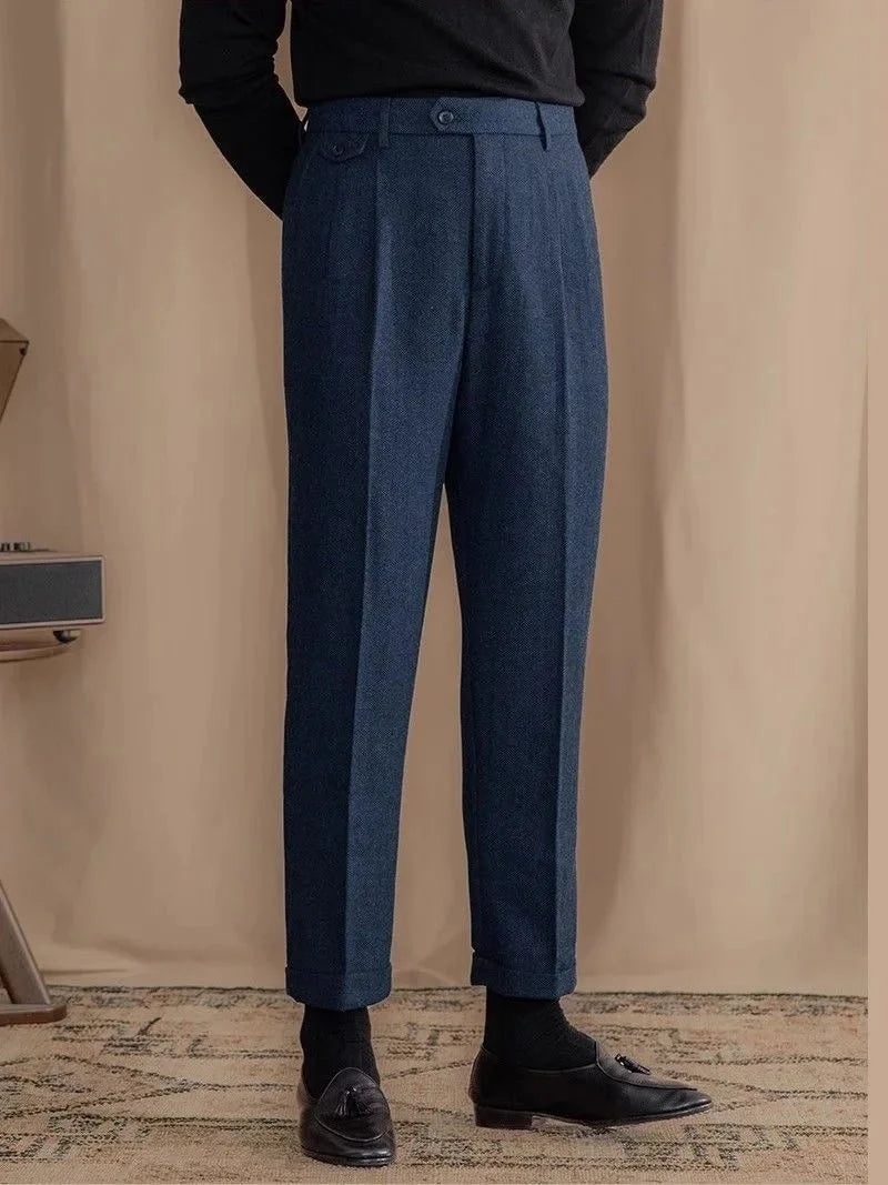 Pantalones Rectos de Lana en Espiga Estilo Italiano
