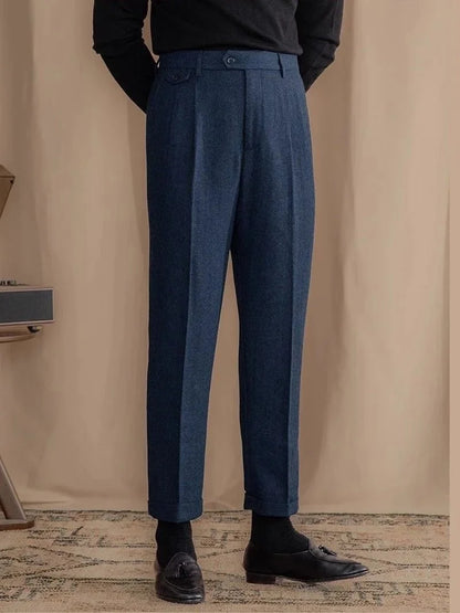 Pantalones Rectos de Lana en Espiga Estilo Italiano