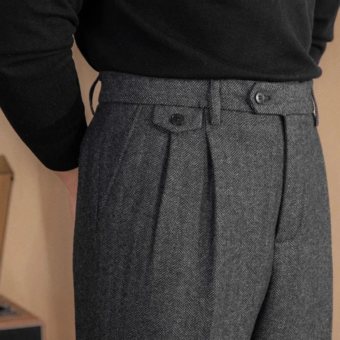 Pantalones Rectos de Lana en Espiga Estilo Italiano