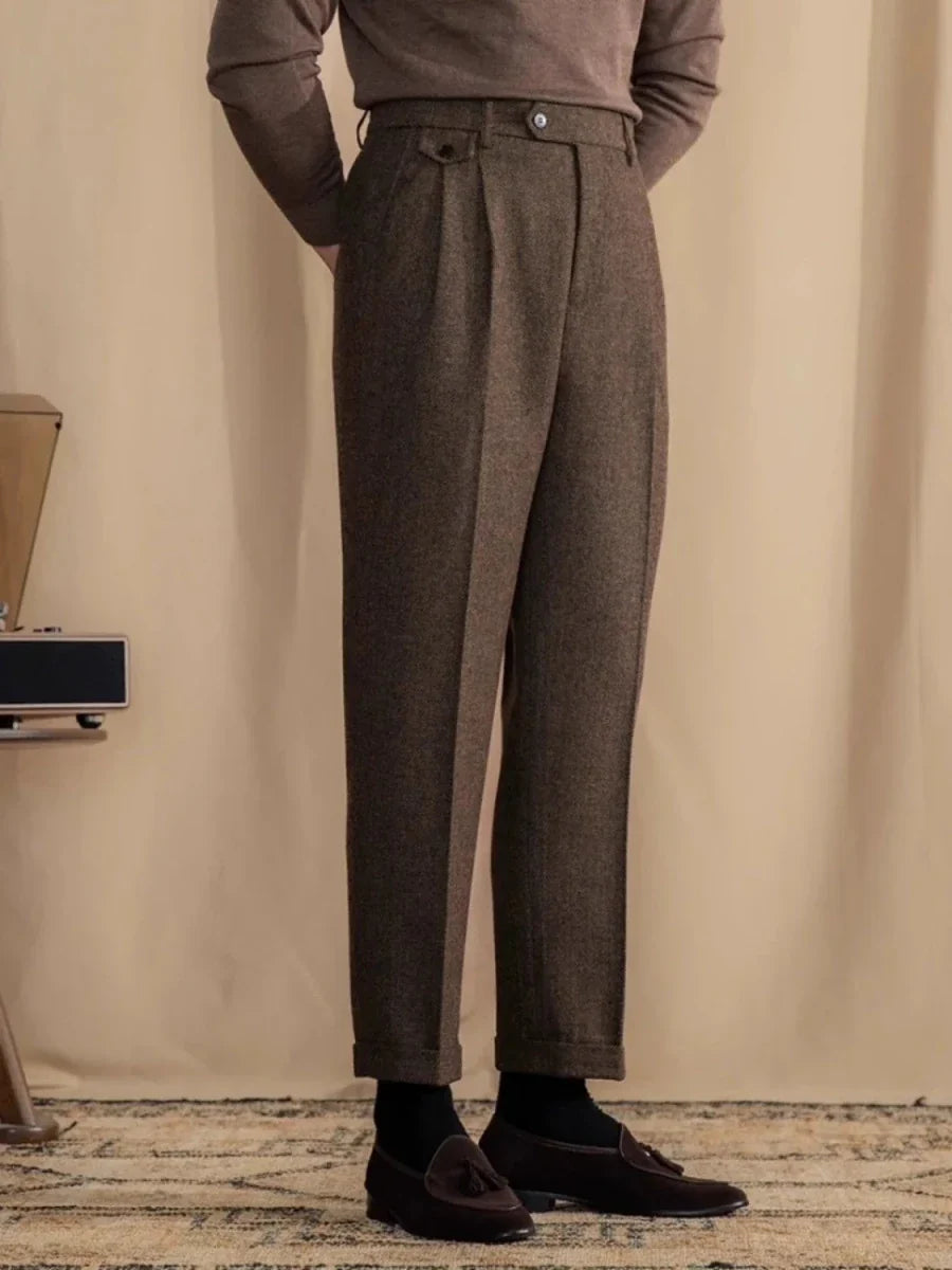 Pantalones Rectos de Lana en Espiga Estilo Italiano
