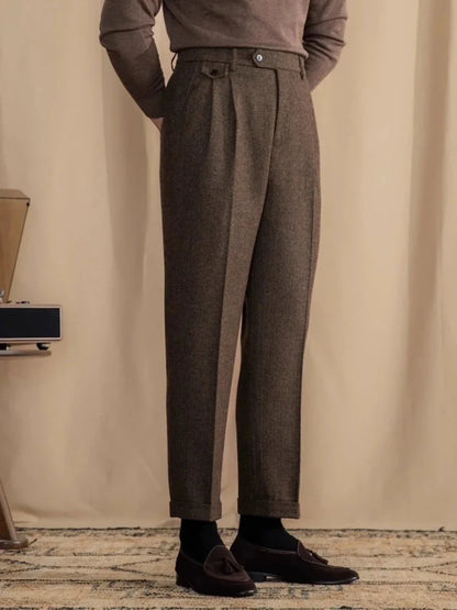 Pantalones Rectos de Lana en Espiga Estilo Italiano