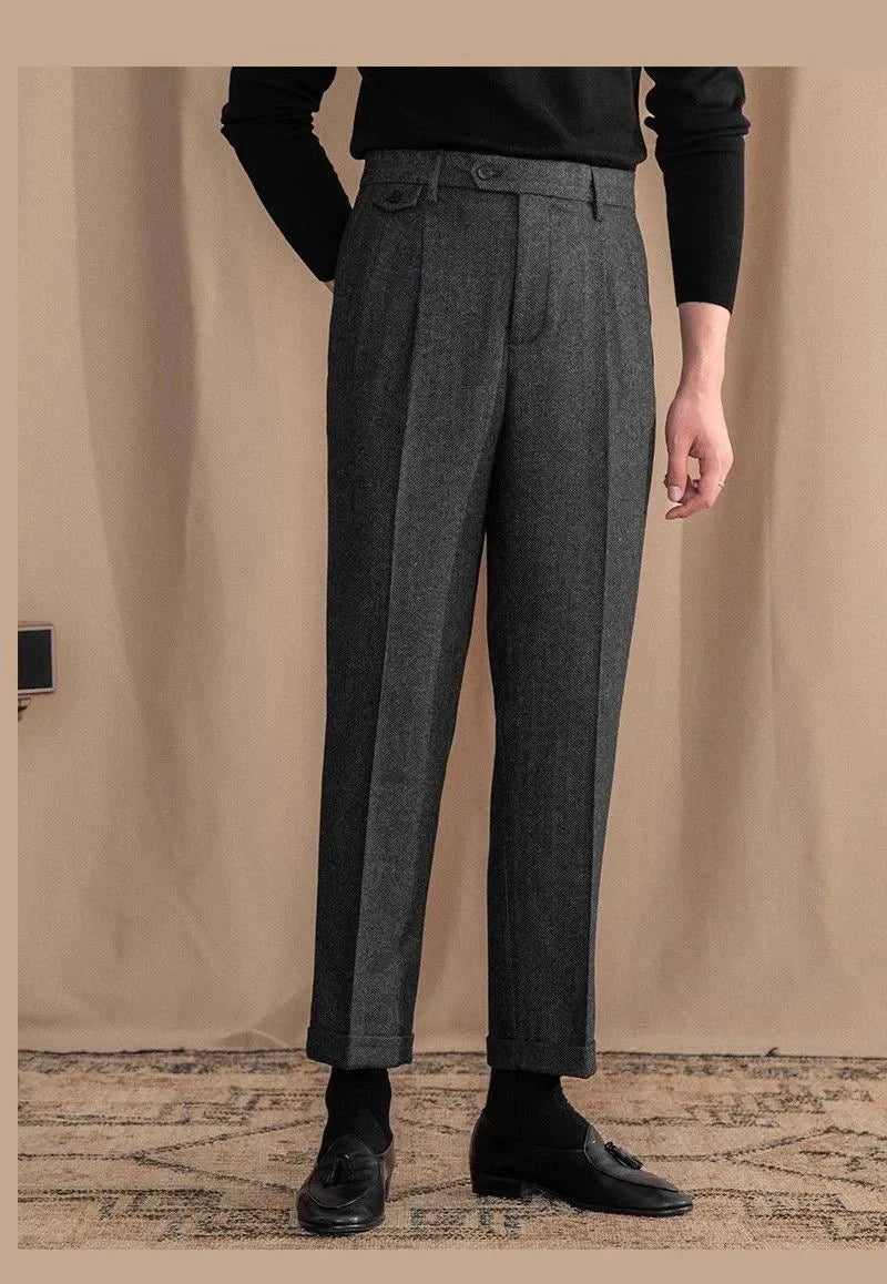 Pantalones Rectos de Lana en Espiga Estilo Italiano