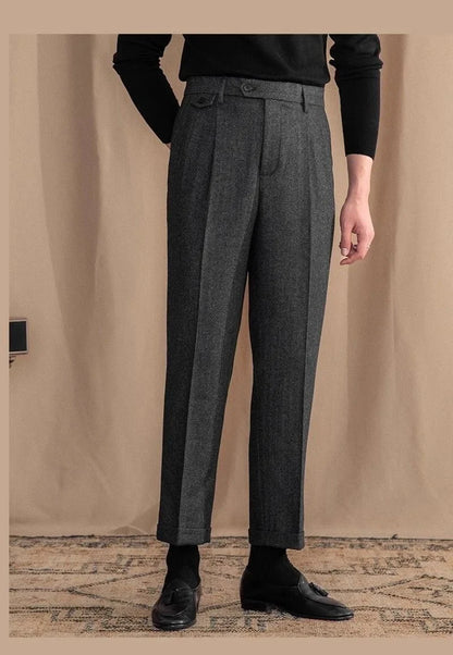 Pantalones Rectos de Lana en Espiga Estilo Italiano