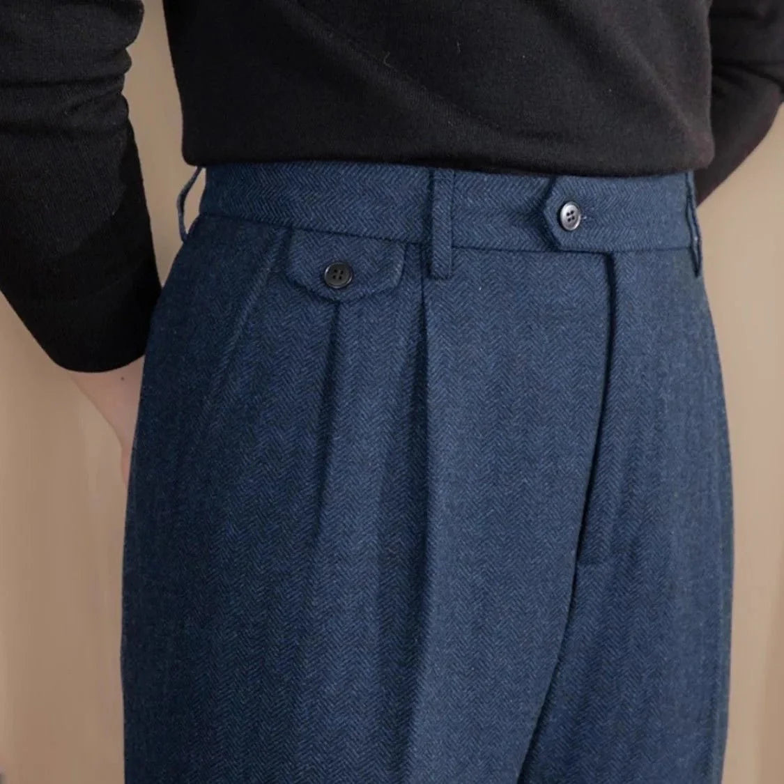 Pantalones Rectos de Lana en Espiga Estilo Italiano