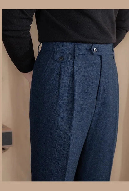 Pantalones Rectos de Lana en Espiga Estilo Italiano
