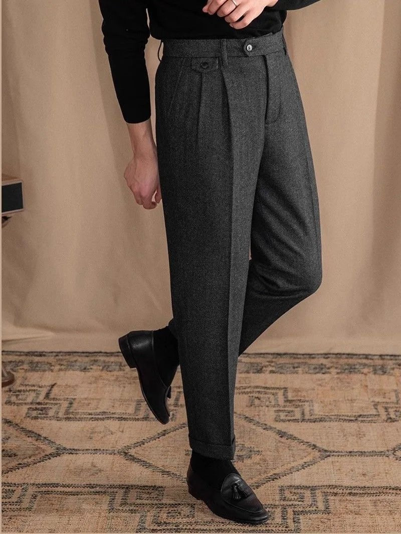 Pantalones Rectos de Lana en Espiga Estilo Italiano