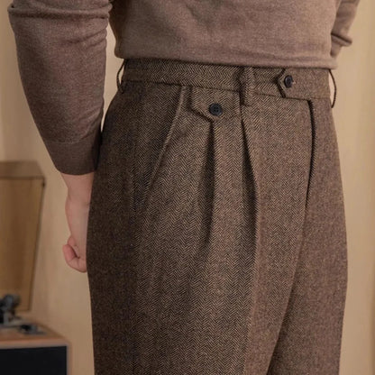 Pantalones Rectos de Lana en Espiga Estilo Italiano