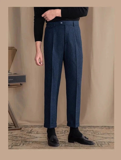 Pantalones Rectos de Lana en Espiga Estilo Italiano